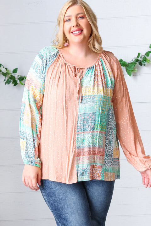 Peach & Mint Floral Color Block Raglan Peasant Top