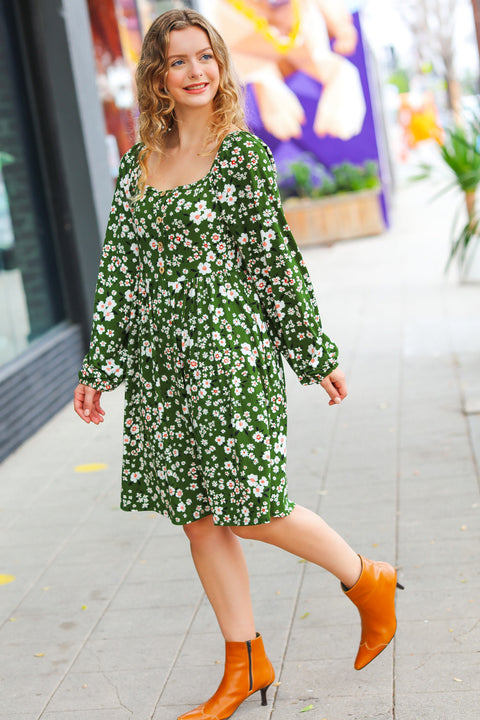 Positive Perceptions Olive Ditsy Floral Square Neck Dress