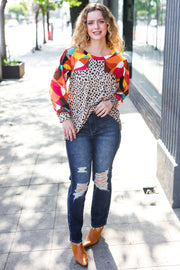 Rust & Khaki Geometric Animal Print Color Block Bubble Sleeve Top