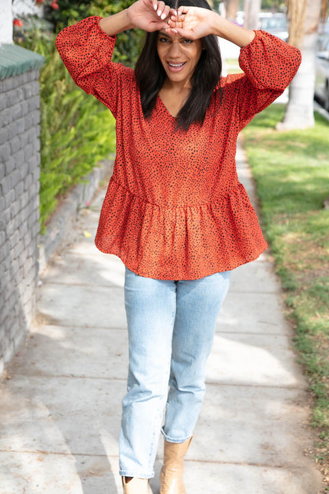 Rust Leopard Wool Dobby Woven Knit Top