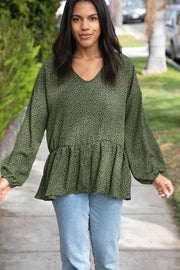 Moss Green Leopard Wool Dobby Woven Knit Top