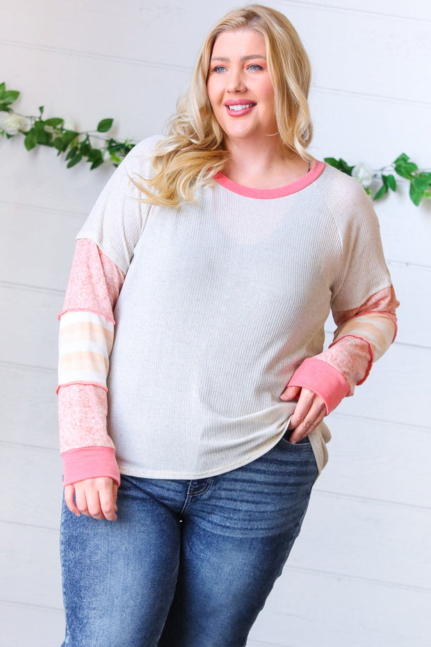 Oatmeal & Coral Slub Rib Floral Color Block Raglan Top