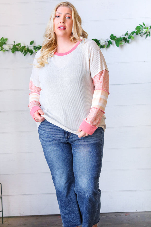 Oatmeal & Coral Slub Rib Floral Color Block Raglan Top