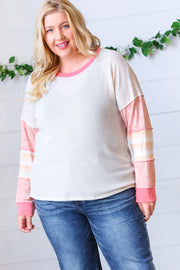 Oatmeal & Coral Slub Rib Floral Color Block Raglan Top