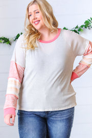 Oatmeal & Coral Slub Rib Floral Color Block Raglan Top