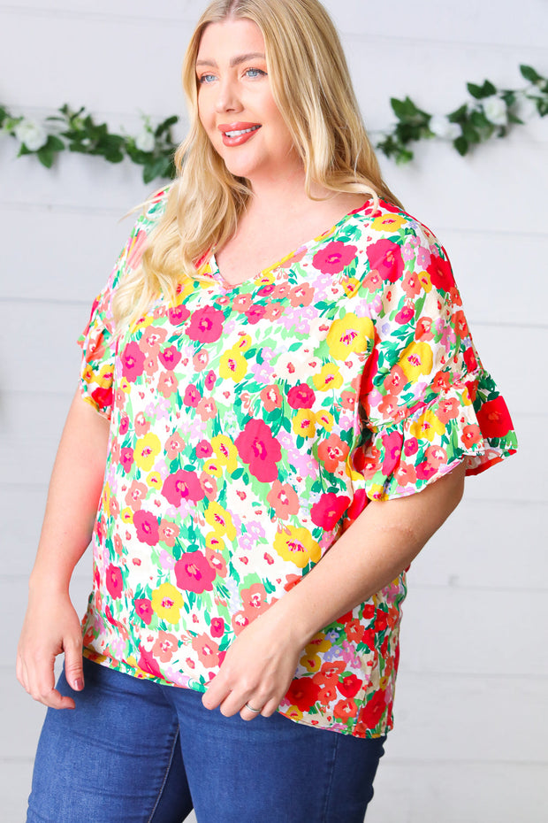 Red Flat Floral Pring Dolman Ruffle Frill Sleeve Blouse