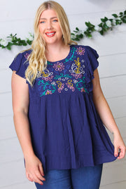 Navy Floral Embroidered Flutter Sleeve Top