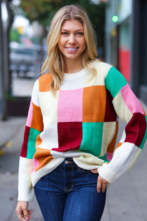 Adorable Ivory & Camel Checker Jacquard Knit Sweater