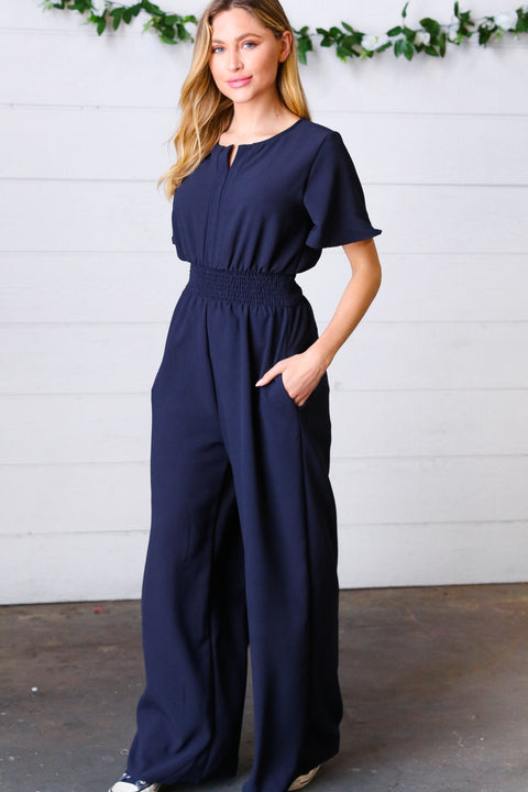 Dark Blue Smocked Waist Notch Neck Crepe Jumpsuit