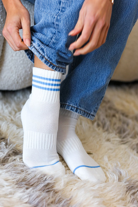 White & Blue Sporty Ankle Socks