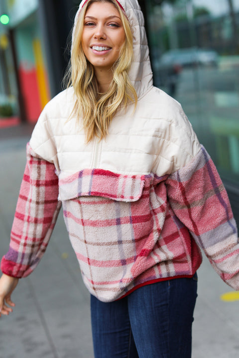 Tried & True Oatmeal & Garnet Plaid Half Zip Puffer Hoodie