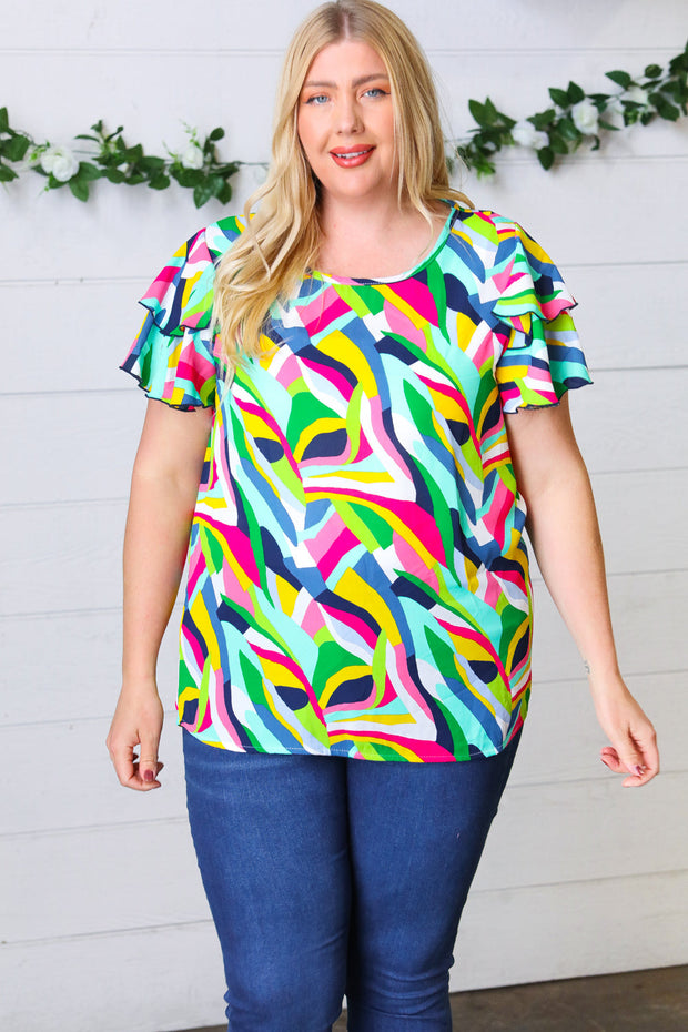 Geo Multicolor Print Flutter Sleeve Woven Top