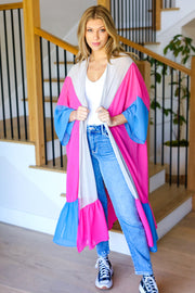 Feel Your Best Taupe & Fuchsia Color Block Ruffle Hem Kimono