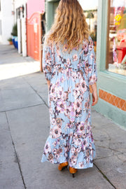 Longing For You Powder Blue Floral V Neck Ruffle Maxi Dress