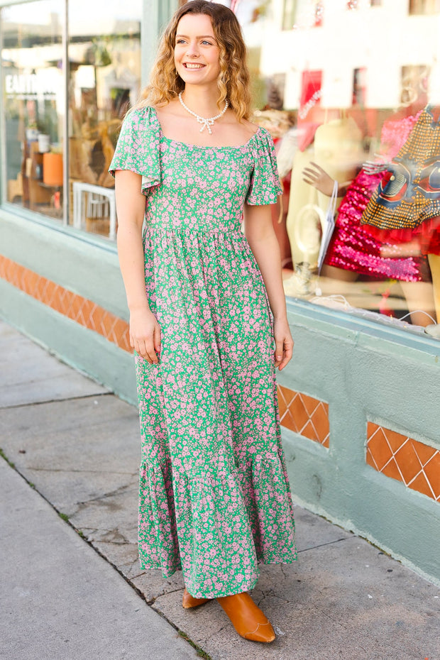 Perfectly You Green Ditzy Floral Fit & Flare Maxi Dress