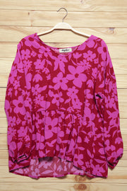 Red & Magenta Floral V Neck Woven Babydoll Top