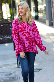 Red & Magenta Floral V Neck Woven Babydoll Top