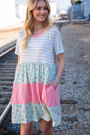 Floral and Stripe Color Block Fit and Flare Rib Dress