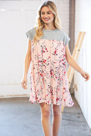 Blush Floral Crinkle Rayon & Terry Babydoll Tiered Dress