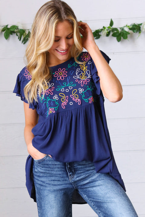 Navy Floral Embroidered Flutter Sleeve Top