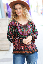 Take The Leap Black & Mauve Border Print Boho Tie Top