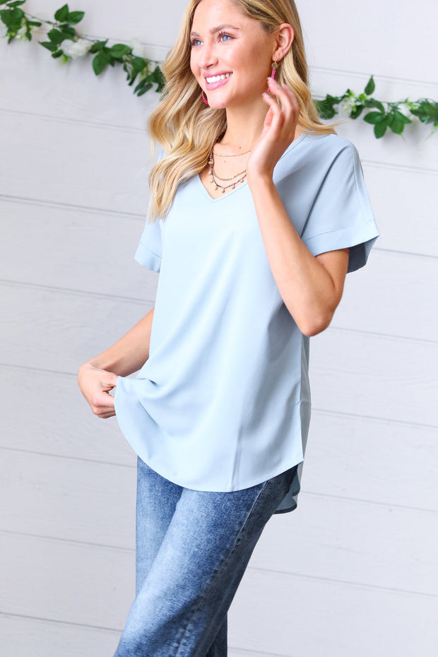 Ash Blue Wool Dobby Rolled Sleeve V Neck Top