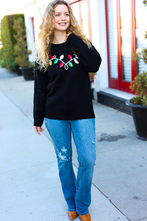 It's Lit Black Sequin Embroidered Christmas Lights Sweater