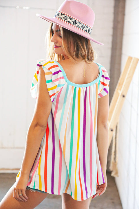 Multicolor Vertical Stripe Ruffle Frill Sleeve Top