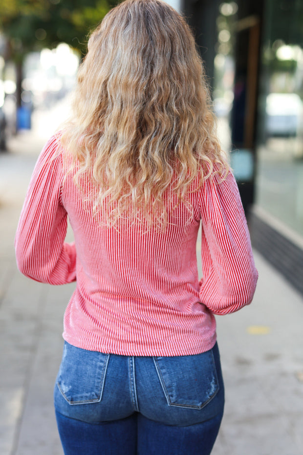 On Your Way Ruby Ribbed Mock Neck Puff Sleeve Top