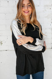 Black Cashmere Feel Shimmer Foil Long Sleeve Raglan