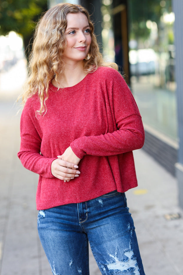 Stay Awhile Red Ribbed Dolman Cropped Sweater