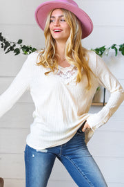 Cream Rib Lace V Neck Button Detail Top