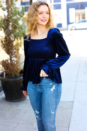 Shine Your Light Navy Crushed Velvet Smocked Ruffle Top