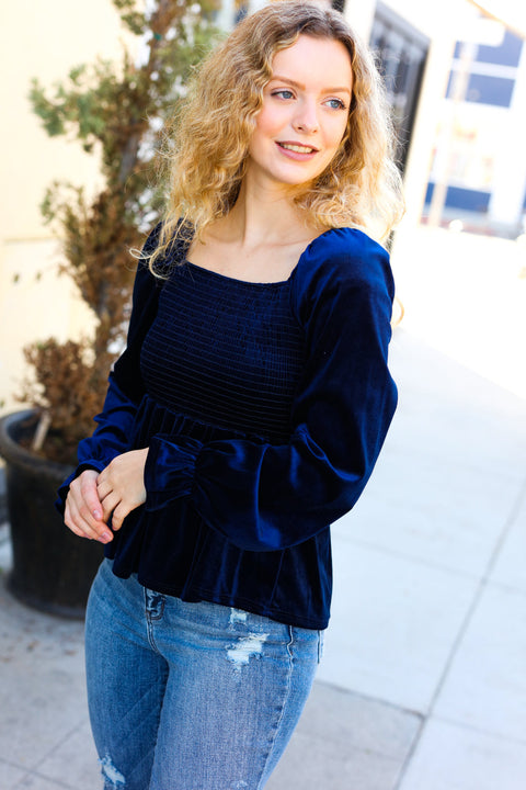 Shine Your Light Navy Crushed Velvet Smocked Ruffle Top