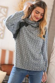 Grey Turtleneck Textured Jacquard Sweater Top