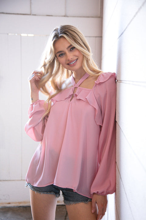 Blush Wool Dobby Halter Neck Bubble Sleeve Blouse