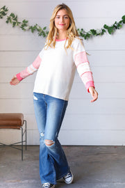 Oatmeal & Coral Slub Rib Floral Color Block Raglan Top