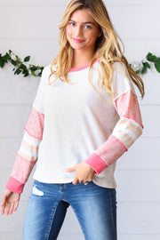 Oatmeal & Coral Slub Rib Floral Color Block Raglan Top