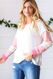 Oatmeal & Coral Slub Rib Floral Color Block Raglan Top