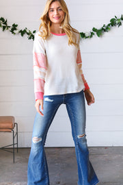 Oatmeal & Coral Slub Rib Floral Color Block Raglan Top