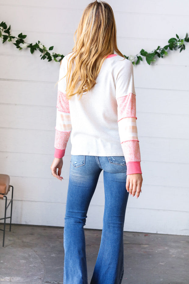 Oatmeal & Coral Slub Rib Floral Color Block Raglan Top