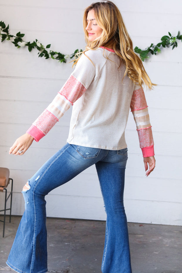 Oatmeal & Coral Slub Rib Floral Color Block Raglan Top