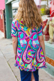 PLUS Purple & Teal Paisley Ruffle Hem Tunic Top