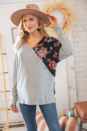 Grey & Black Floral Surplice Button Knit Top