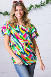 Geo Multicolor Print Flutter Sleeve Woven Top