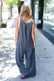 Everyday Grey Olive Wide Leg Suspender Overall Jumpsuit