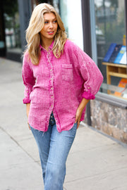 Magenta Washed Cotton Gauze Button Down Shirt