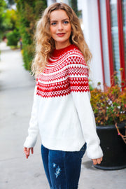 Feeling Festive Ivory & Red Fair Isle Mock Neck Sweater