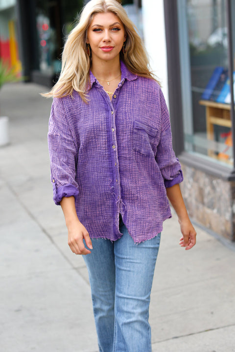 Violet Washed Cotton Gauze Button Down Shirt