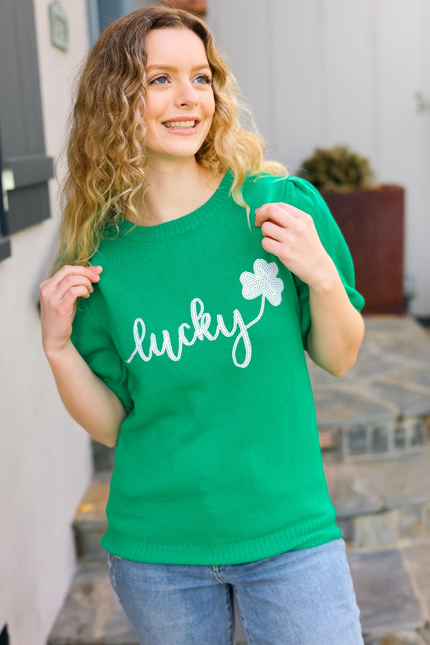 Lucky Lady Shamrock Green Sequin Puff Sleeve Knit Top